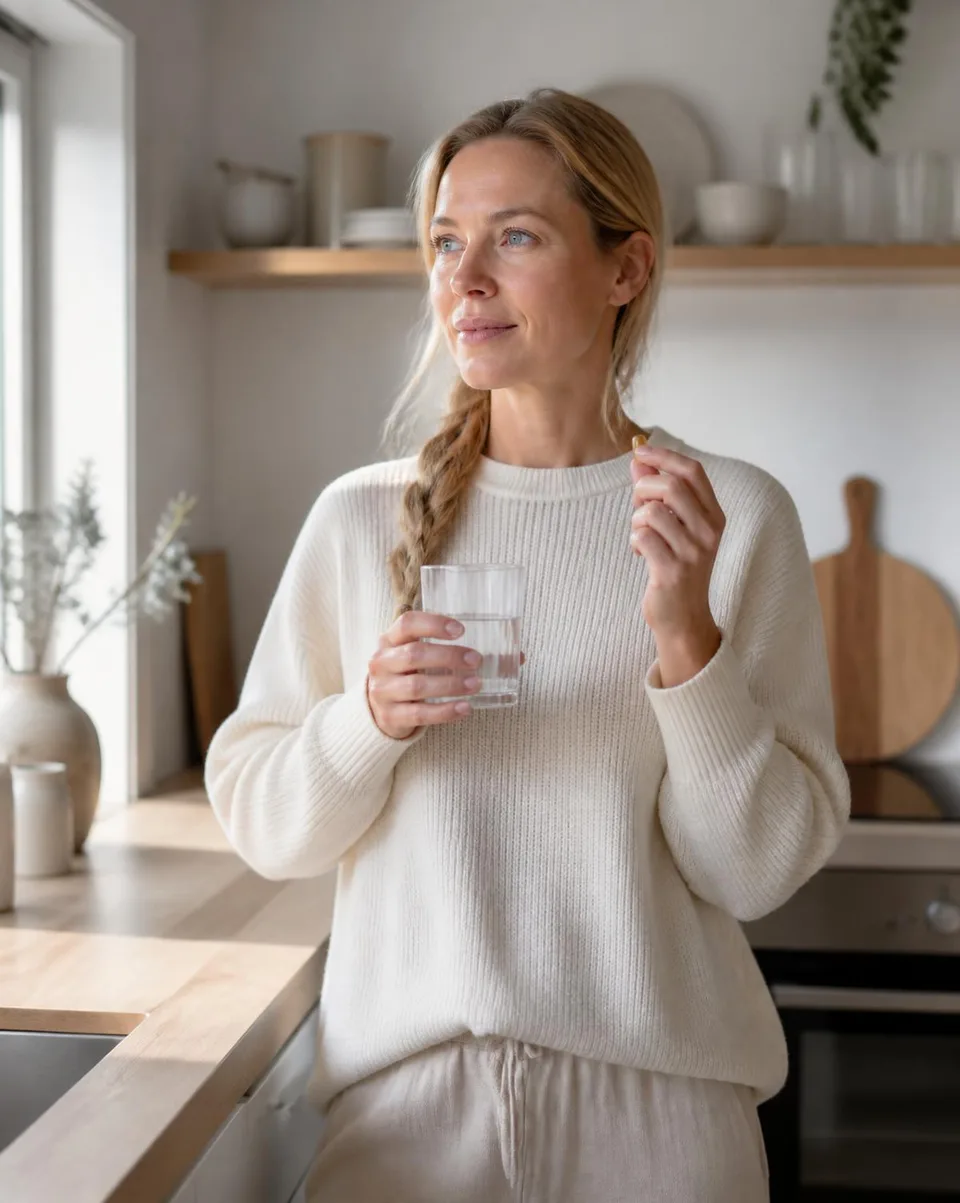 A woman in a bright Nordic kitchen taking her morning supplement with a glass of water