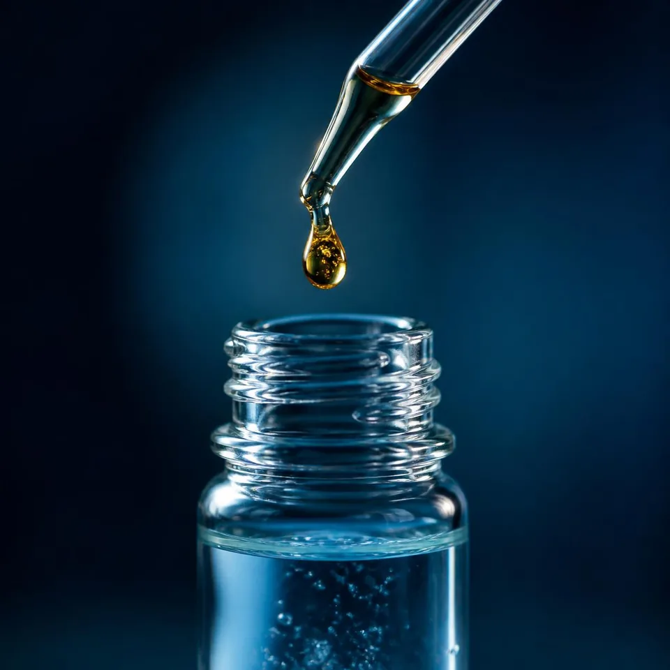 Golden oil droplet released from a pipette into a vial of pale blue liquid