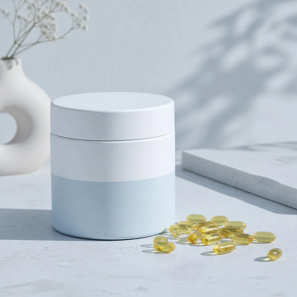 Minimal ice-blue supplement jar with golden softgel capsules on a pale stone surface